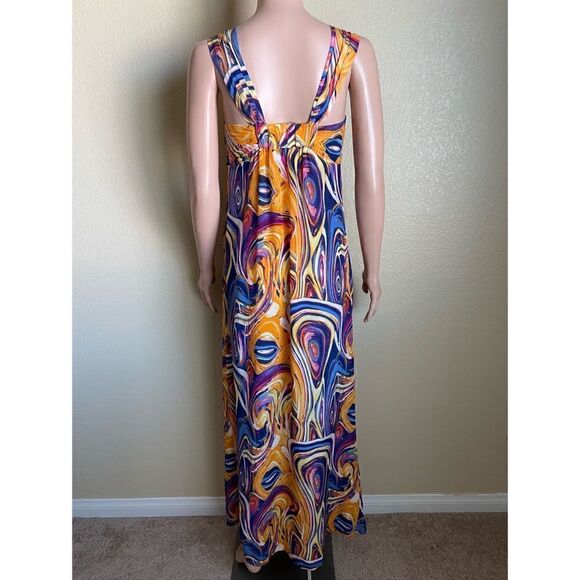 Line & Dot Silk Maxi Dress Orange Blue Purple Swirl Pattern Size Small - Picture 7 of 12
